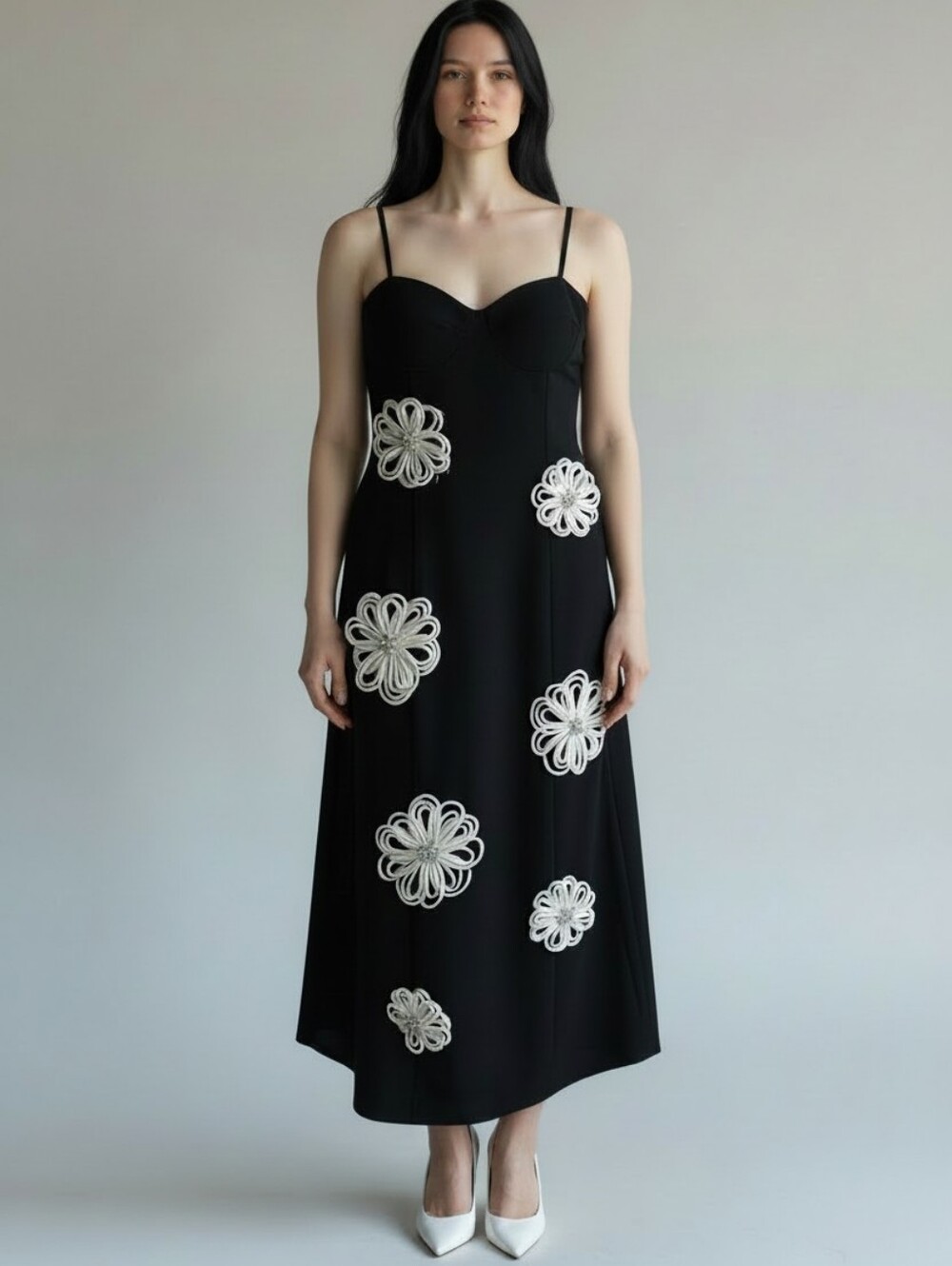 ANTONIO MELANI Black Strapless Dress with White Floral Appliqués